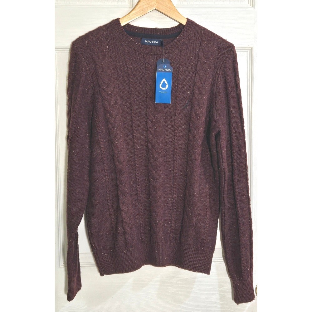 Nautica Mens Cable Knit Crewneck Sweater Deep Maroon Burgundy S37307 SMALL